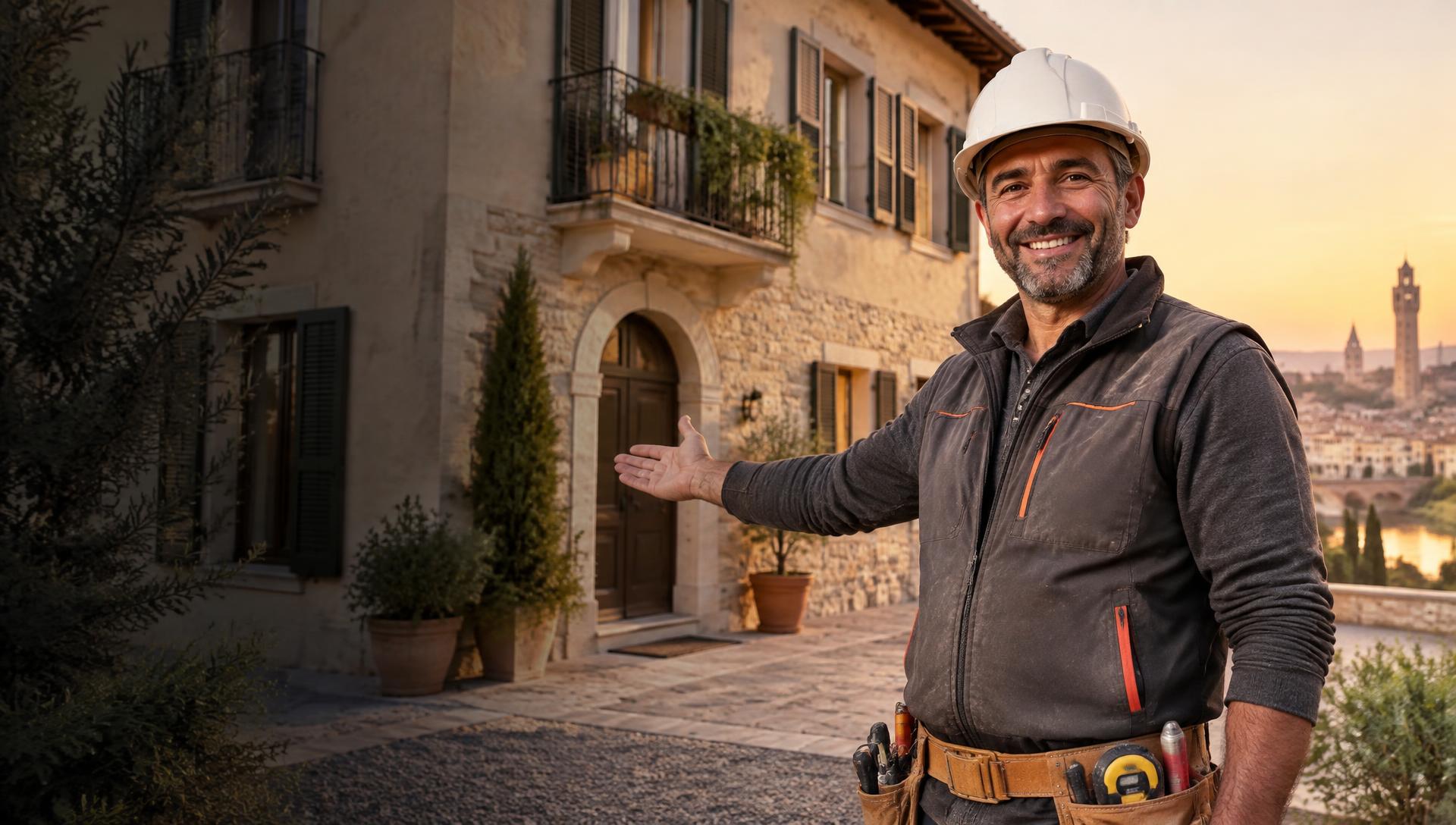 Il muratore Fabio Testa accoglie un cliente davanti a una casa ristrutturata a Verona