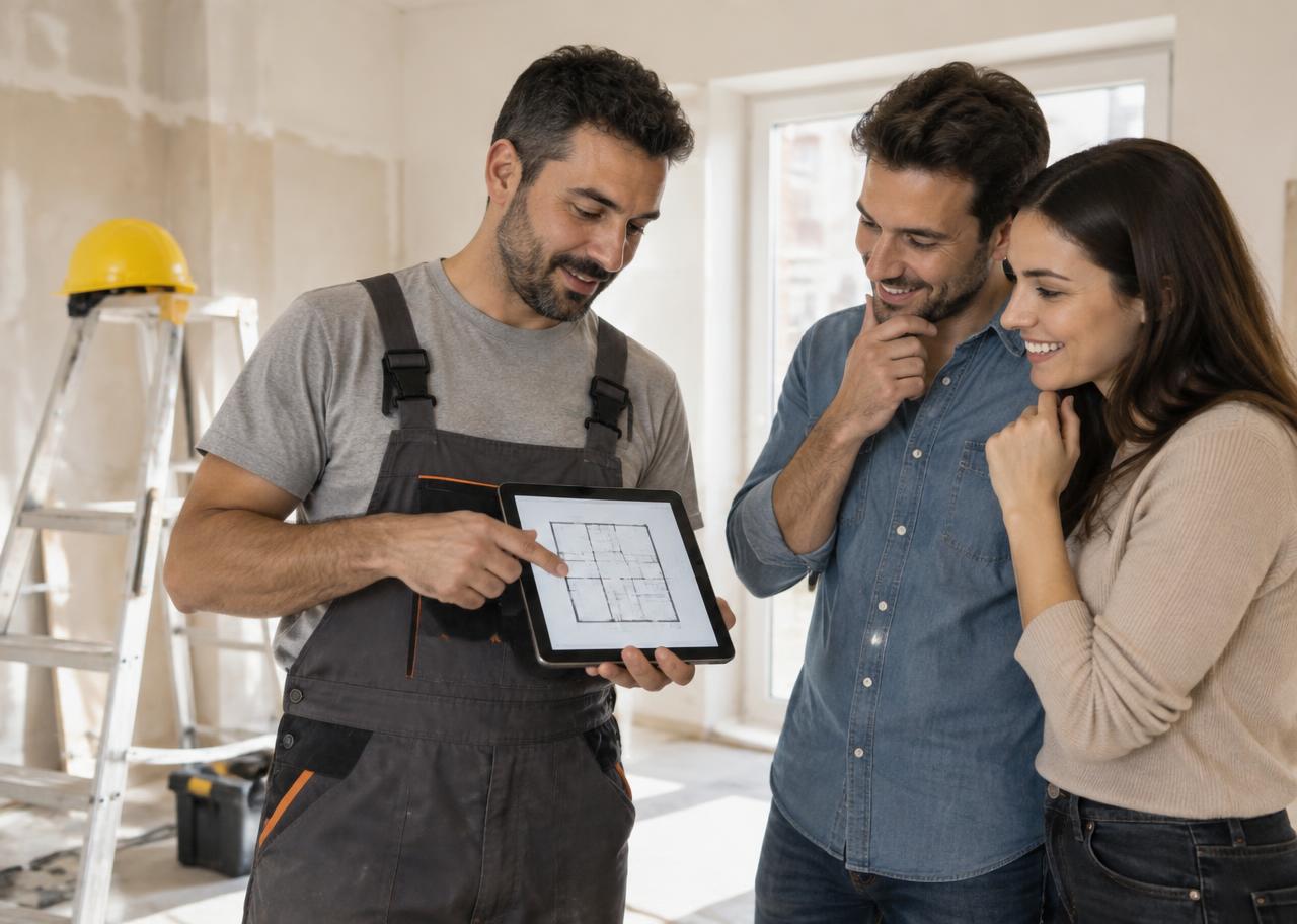Il nostro tecnico mostra il progetto della ristrutturazione ai proprietari